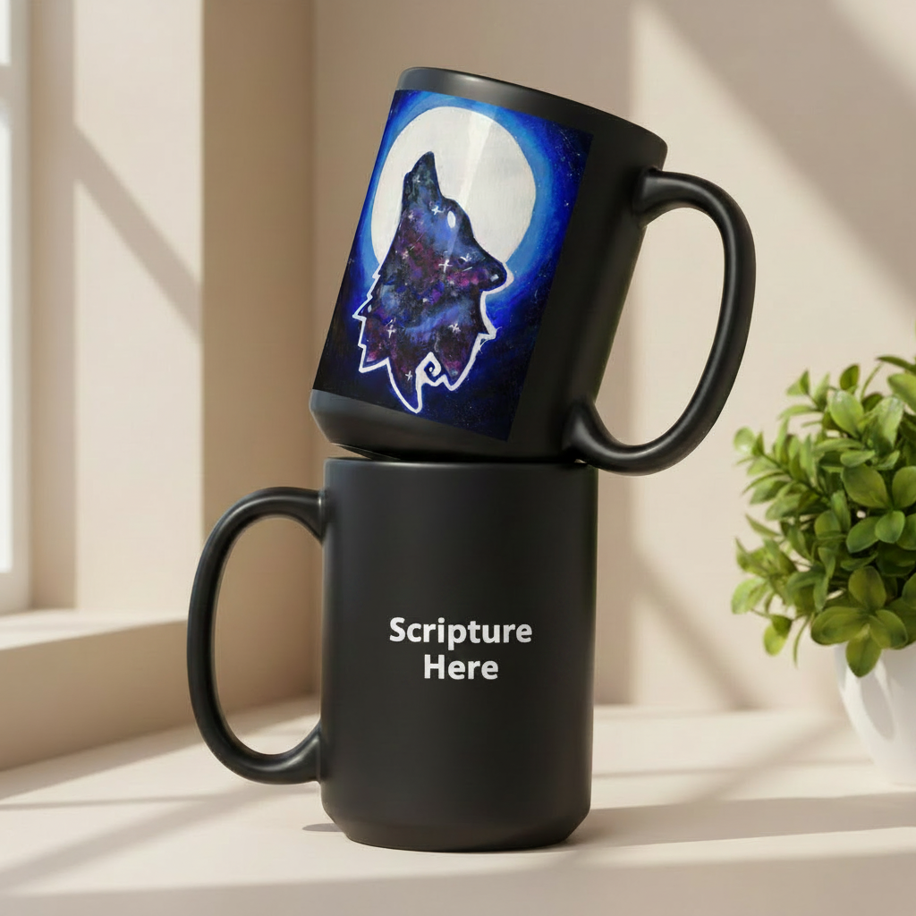 Galaxy Wolf 15oz personalised mug featuring a howling galaxy-painted wolf with a full moon in the background – AllThingsGoode