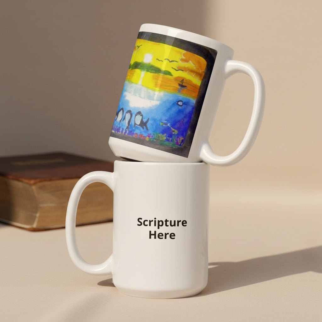 Dolfriends white 15oz personalised mug featuring three dolphin friends in a beautiful ocean with a sunset in the background – AllThingsGoode