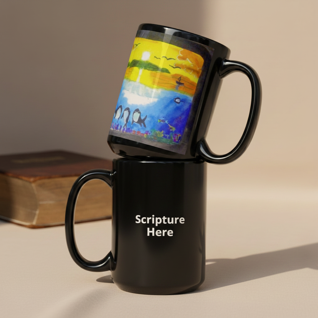 Dolfriends black 15oz personalised mug featuring three dolphin friends in a beautiful ocean with a sunset in the background – AllThingsGoode