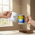 Dolfriends white 15oz personalised mug featuring three dolphin friends in a beautiful ocean with a sunset in the background – AllThingsGoode