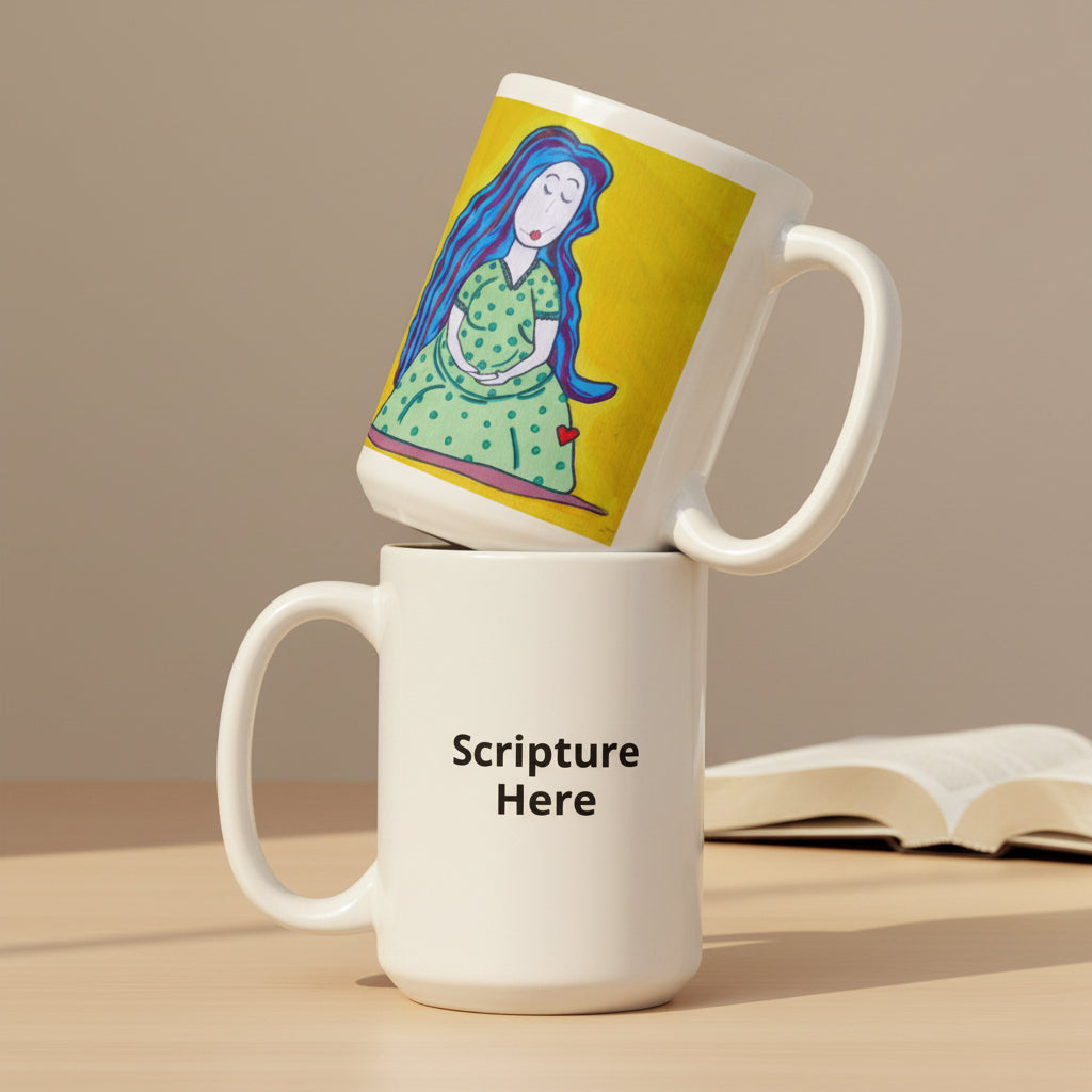 Mother 15oz white personalised mug featuring a pregnant mother with blue hair and a yellow background – AllThingsGoode