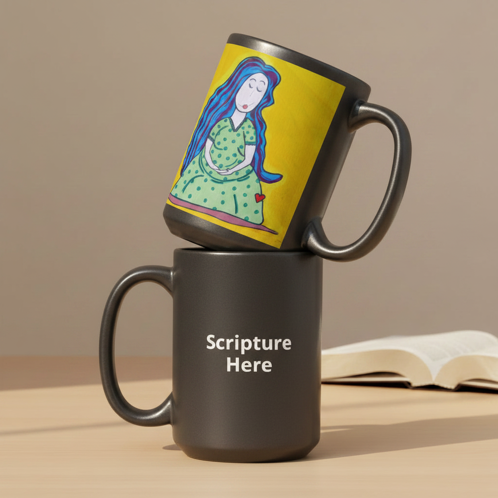 Mother 15oz black personalised mug featuring a pregnant mother with blue hair and a yellow background – AllThingsGoode