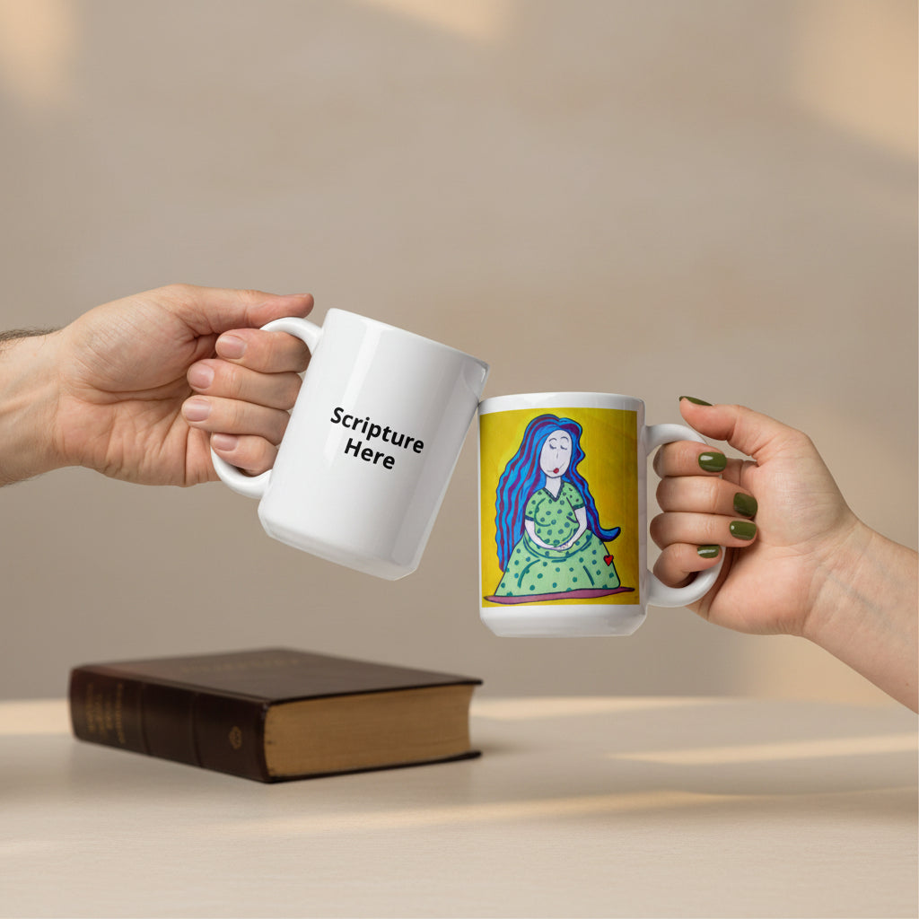 Mother 15oz white personalised mug featuring a pregnant mother with blue hair and a yellow background – AllThingsGoode