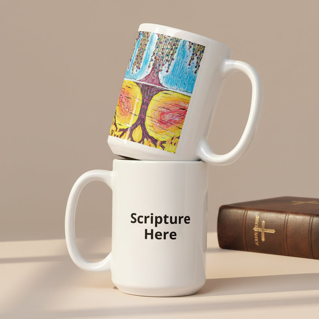 Life Over Death 15oz white personalised mug featuring the tree of life and the tree of the knowledge of good and evil – AllThingsGoode