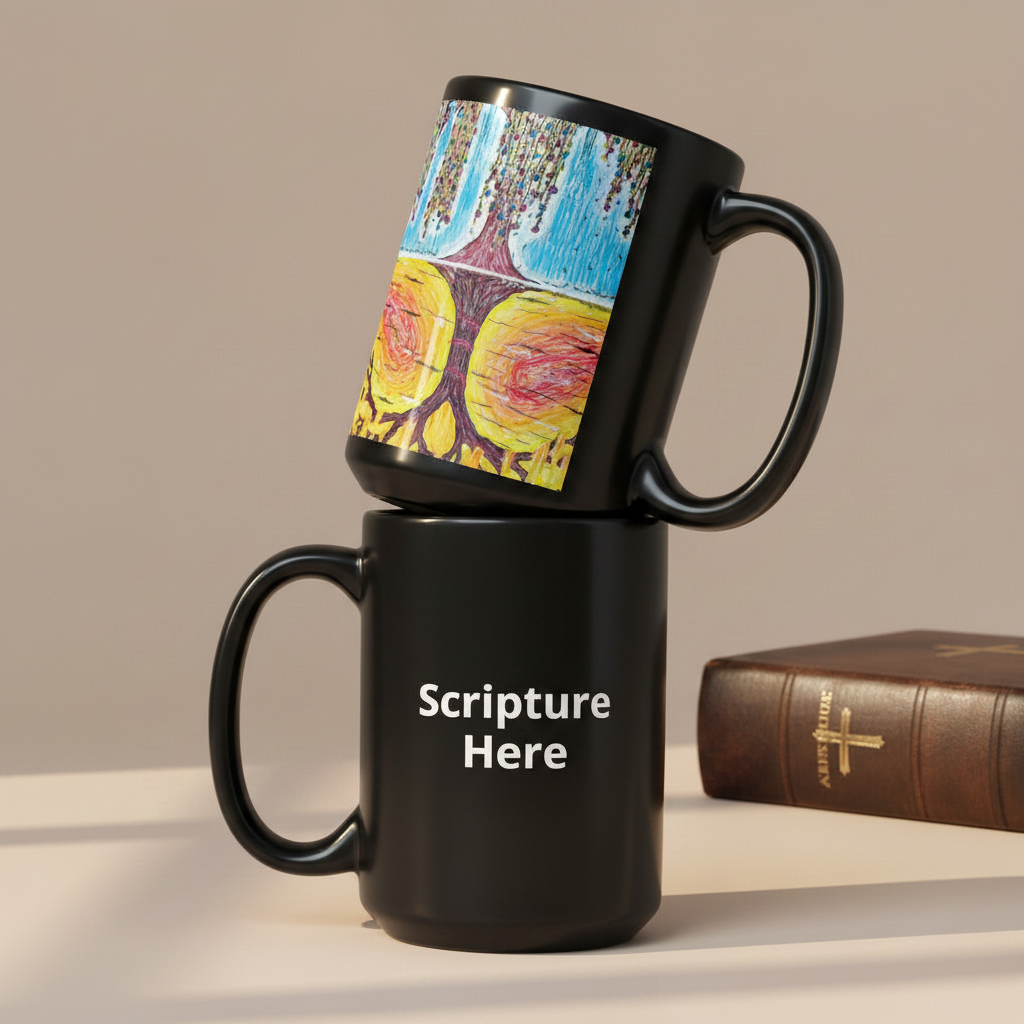 Life Over Death 15oz black personalised mug featuring the tree of life and the tree of the knowledge of good and evil – AllThingsGoode