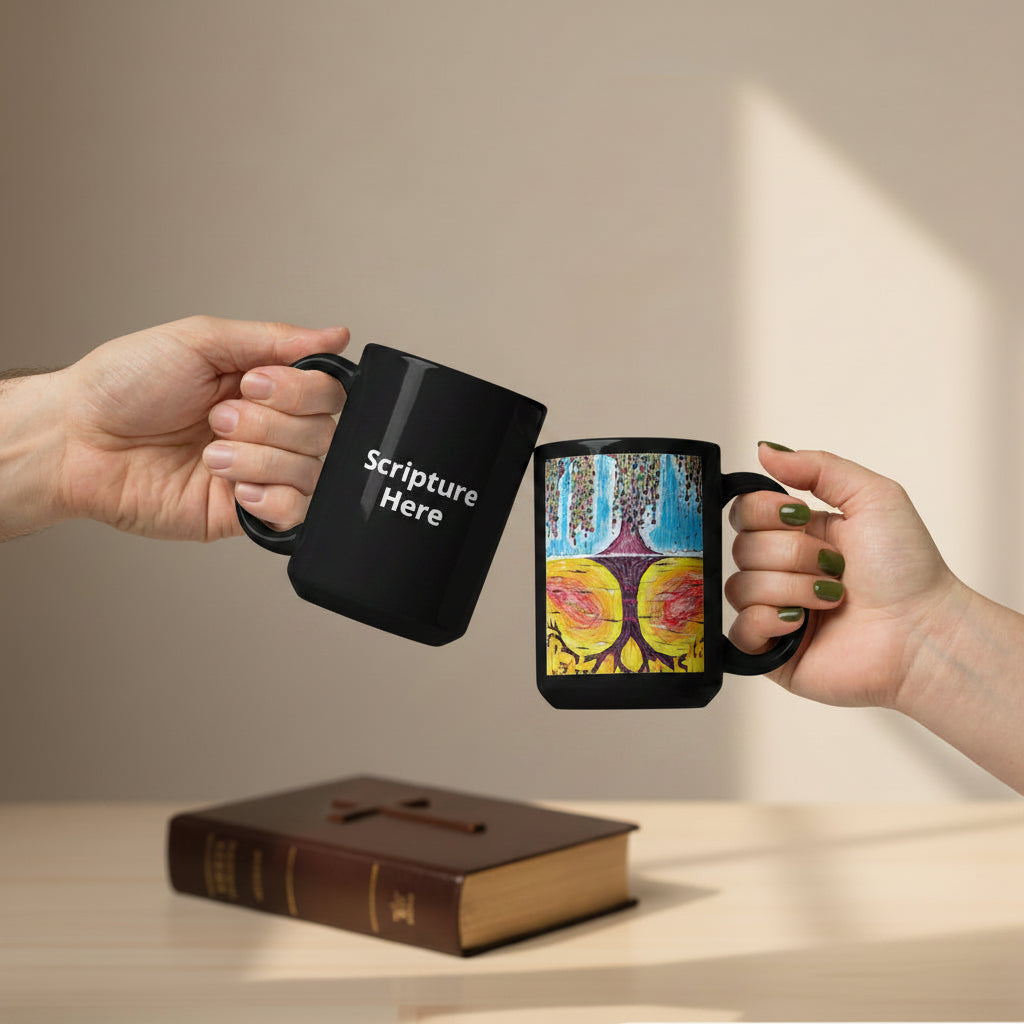 Life Over Death 15oz black personalised mug featuring the tree of life and the tree of the knowledge of good and evil – AllThingsGoode