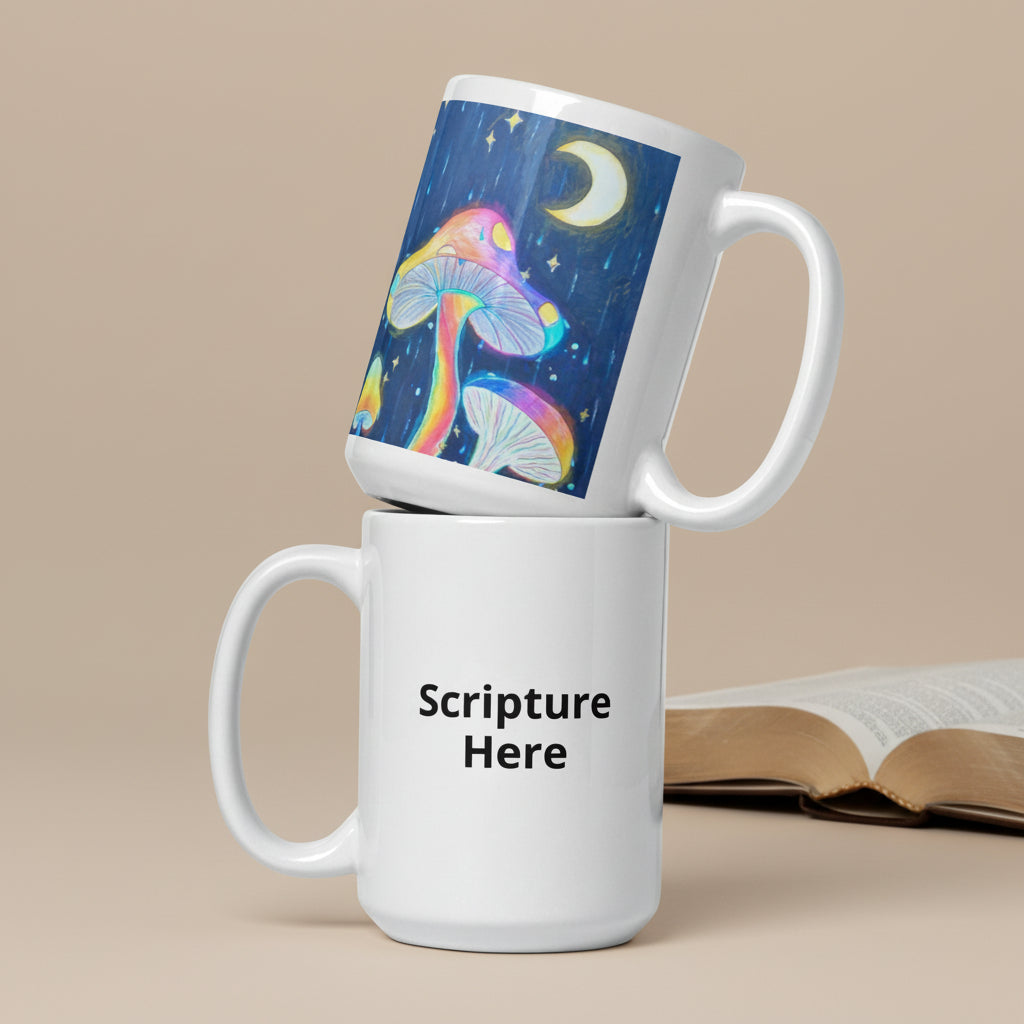 Glowing Mushrooms white 15oz personalised mug featuring 3 glowing mushrooms with a rainy midnight background and a crescent moon – AllThingsGoode