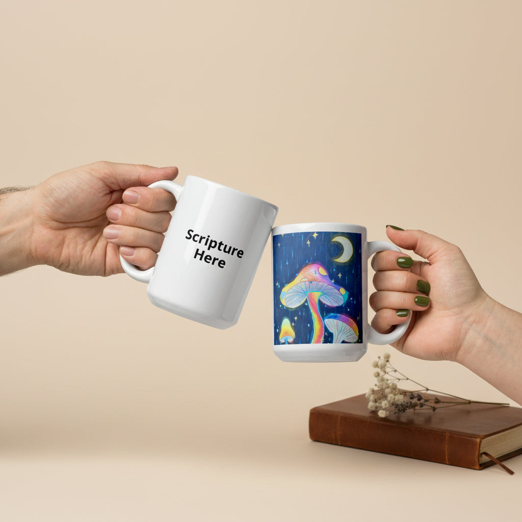 Glowing Mushrooms white 15oz personalised mug featuring 3 glowing mushrooms with a rainy midnight background and a crescent moon – AllThingsGoode