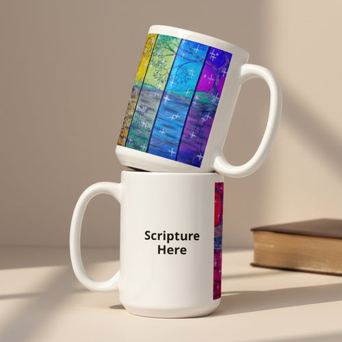 Rainbow Reflections white 15oz personalised mug featuring the colour of the rainbow with trees and stars – AllThingsGoode