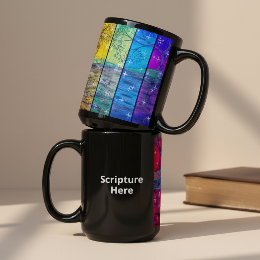 Rainbow Reflections black 15oz personalised mug featuring the colour of the rainbow with trees and stars – AllThingsGoode