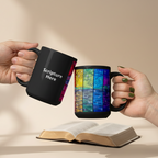 Rainbow Reflections black 15oz personalised mug featuring the colour of the rainbow with trees and stars – AllThingsGoode