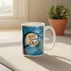 White mug with a decorative design of a tree, moon, and silhouette of two people on a white background