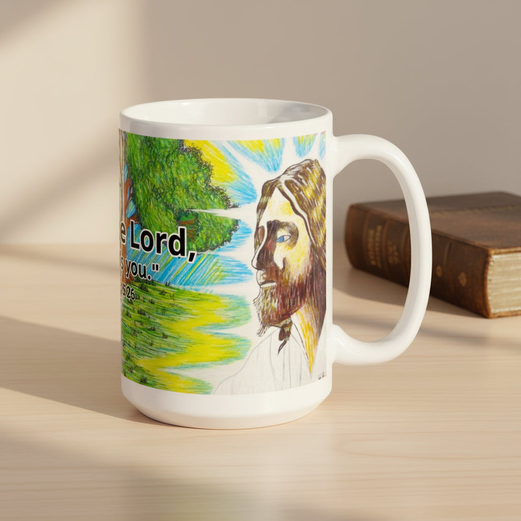 Mug with a colorful design of a man's face and text on a white background