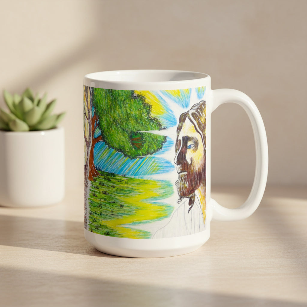Mug with artistic design of a landscape and face on a white background