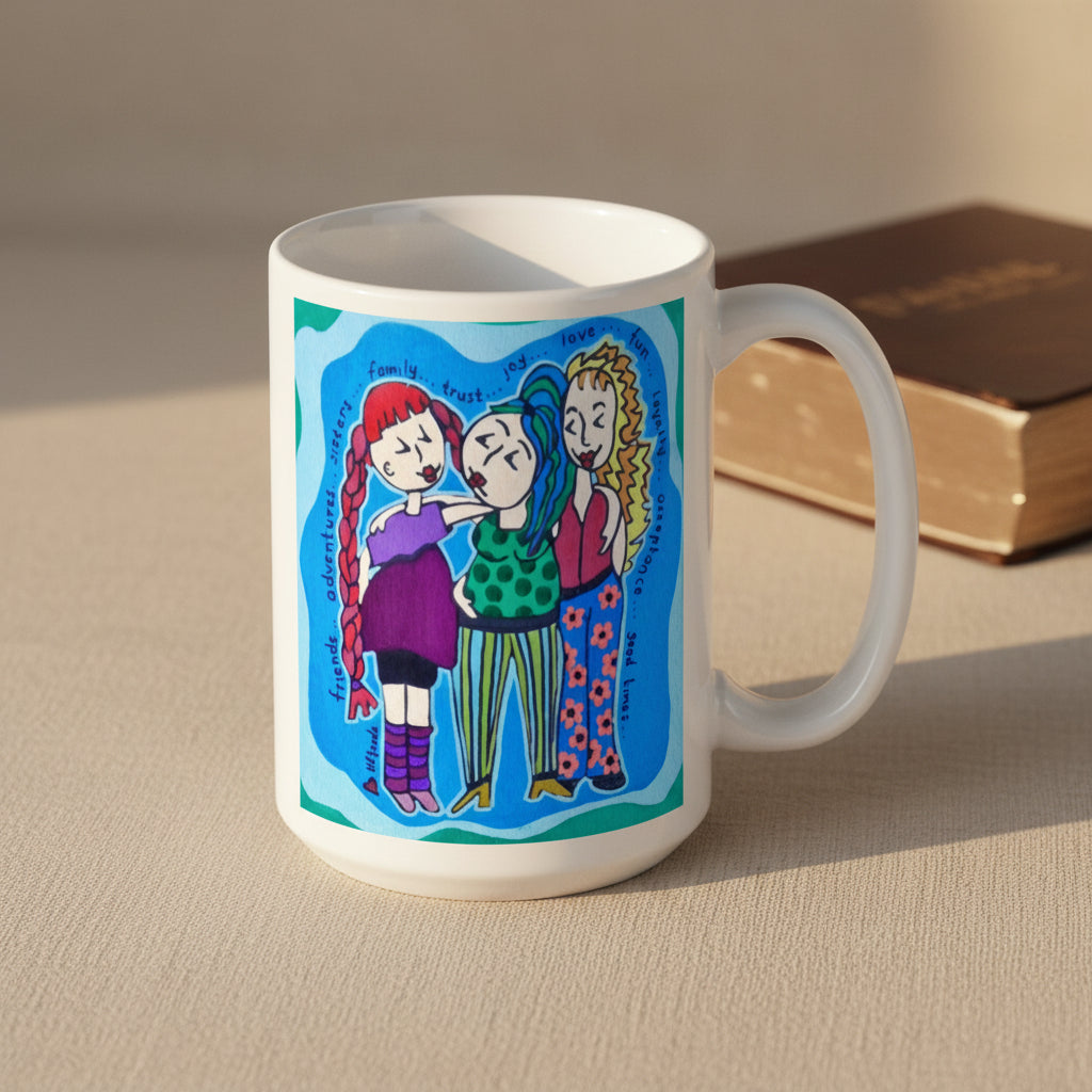 White mug with colorful illustration of three people on a blue background