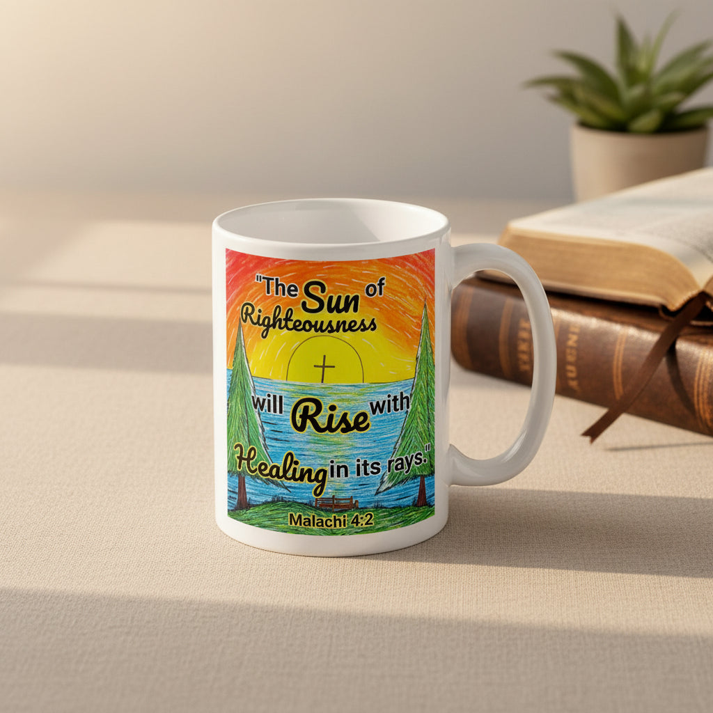 Mug with a sun rising design with scripture: Malachi 4:2, "The sun of righteousness will rise with healing in its rays."