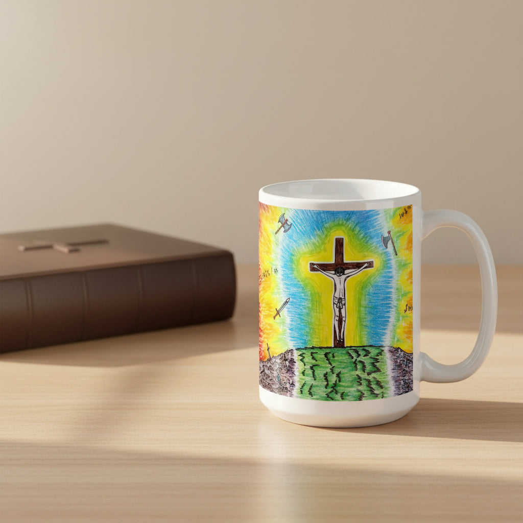 A white ceramic mug featuring a colorful hand-drawn illustration of a crucifix scene with a glowing cross, green field, and orange-yellow sky.