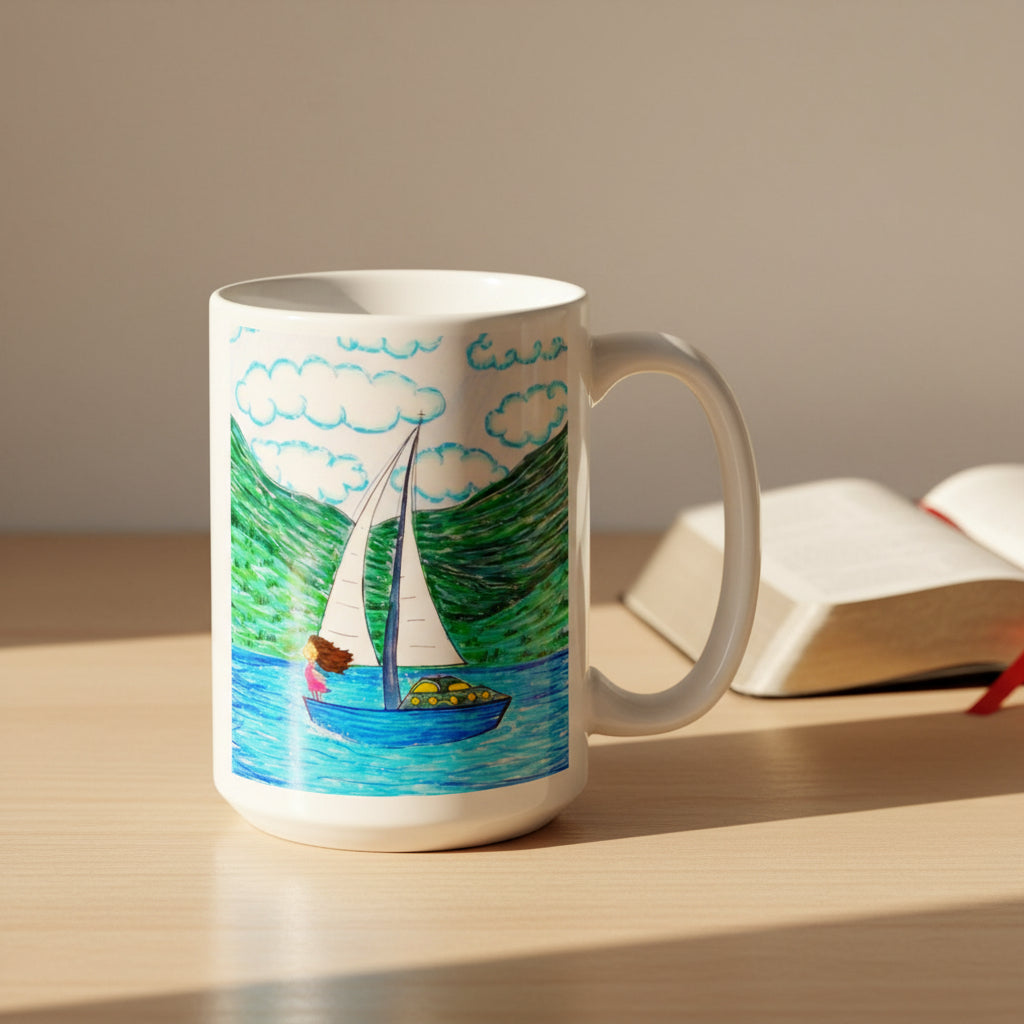 white ceramic mug, featuring a colourful hand-drawn style illustration of a sailboat on blue water with green hills and white clouds.